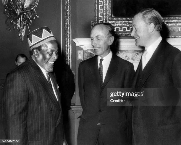 Kenya president Jomo Kenyatta meets British Sir Alec Douglas-Home and Duncan Sandys during the Commonwealth Prime Ministers' conference of July 07,...