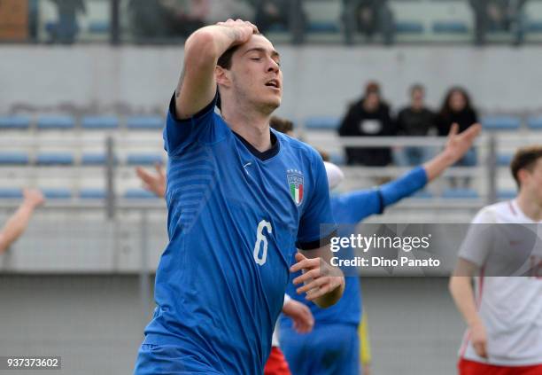 Alessandro Bastoni of Italy U19 during the Elite Round U19 match between Italy and Poland on March 24, 2018 in Lignano Sabbiadoro, Italy.
