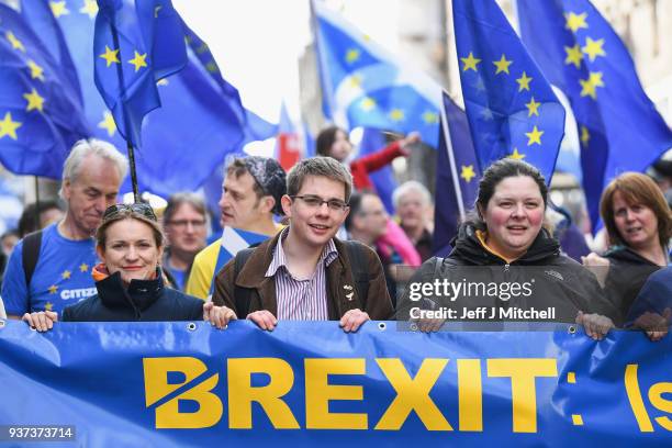 Protestors take part in a March for Europe march and rally on March 24, 2018 in Edinburgh, Scotland. Organised by the Young European Movement...