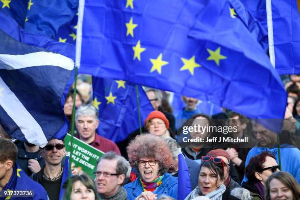 Protestors take part in a March for Europe march and rally on March 24, 2018 in Edinburgh, Scotland. Organised by the Young European Movement...