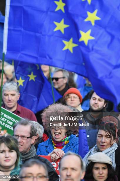 Protestors take part in a March for Europe march and rally on March 24, 2018 in Edinburgh, Scotland. Organised by the Young European Movement...