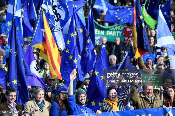 Protestors take part in a March for Europe march and rally on March 24, 2018 in Edinburgh, Scotland. Organised by the Young European Movement...