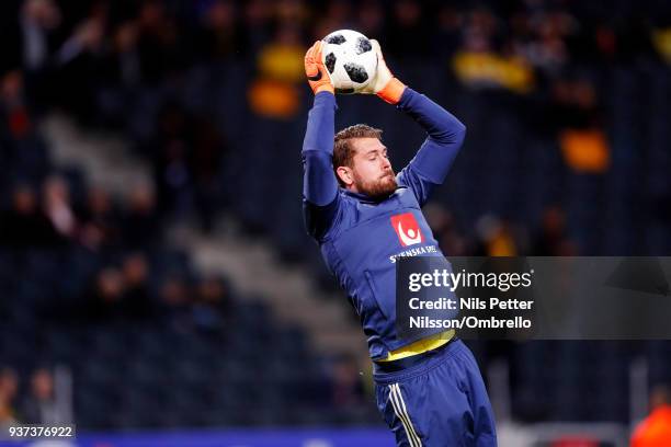 Kristoffer Nordfeldt, goalkeeper of Sweden during warmup ahead of the International Friendly match between Sweden and Chile at Friends arena on March...