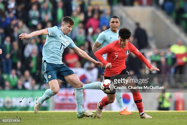 Craig Cathcart of Northern Ireland and Heung Min Son of South Korea during the international friendly match between Northern Ireland and South Korea...