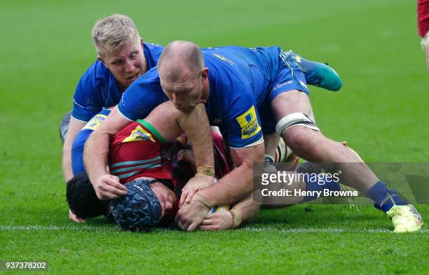 James Horwill of Harlequins scores their first try during the Aviva Premiership match between Saracens and Harlequins at London Stadium on March 24,...