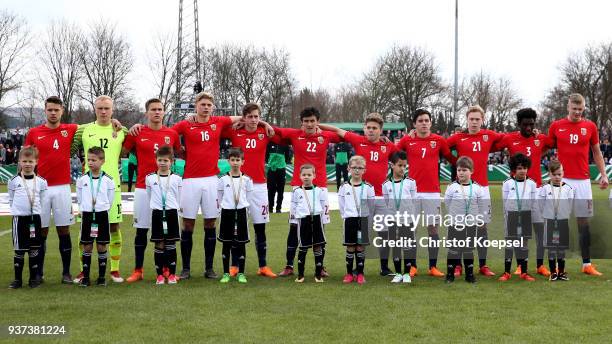 The team of Norway stands for the national anthem prior to the UEFA Under19 European Championship Qualifier match between Germany and Norway at...