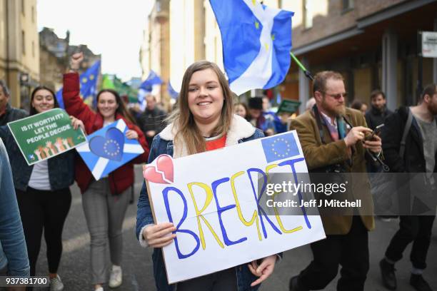 Protestors take part in a March for Europe march and rally on March 24, 2018 in Edinburgh, Scotland. Organised by the Young European Movement...