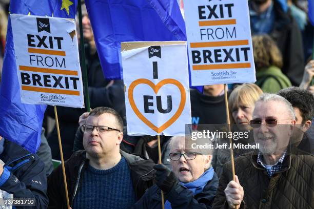 Protestors take part in a March for Europe march and rally on March 24, 2018 in Edinburgh, Scotland. Organised by the Young European Movement...