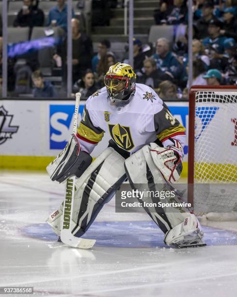 Vegas Golden Knights goaltender Malcolm Subban played in place of the injured Marc-Andre Fleury during the first period of the regular season game...