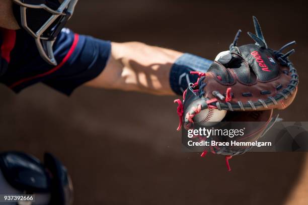 The catcher's glove of Jason Castro of the Minnesota Twins during a spring training workout on February 20, 2018 at the CenturyLink Sports Complex in...