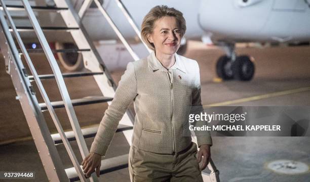 German Defence Minister Ursula von der Leyen descends the gangway of the A319 airplane of the German Air Force as she arrives in the military camp in...
