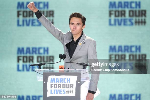 Marjory Stoneman Douglas High School Student David Hogg addresses the March for Our Lives rally on March 24, 2018 in Washington, DC. Hundreds of...