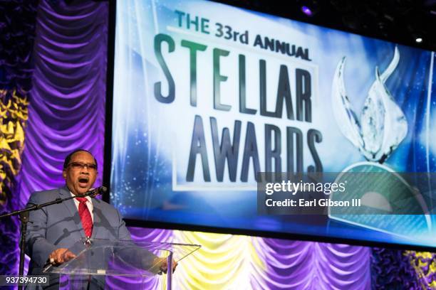 Guest speaks onstage at the Stellar Gospel Music Awards preshow at The Orleans Showroom at The Orleans Hotel & Casino on March 23, 2018 in Las Vegas,...