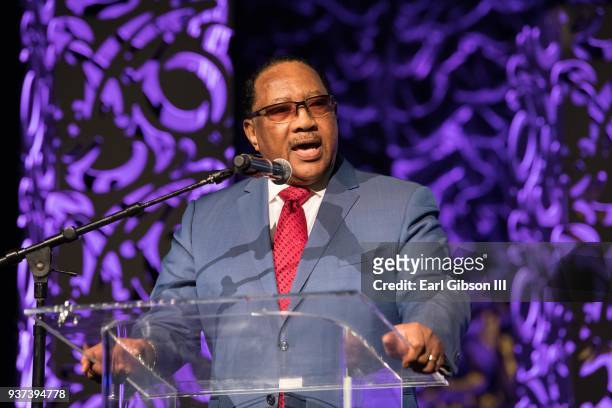 Guest speaks onstage at the Stellar Gospel Music Awards preshow at The Orleans Showroom at The Orleans Hotel & Casino on March 23, 2018 in Las Vegas,...