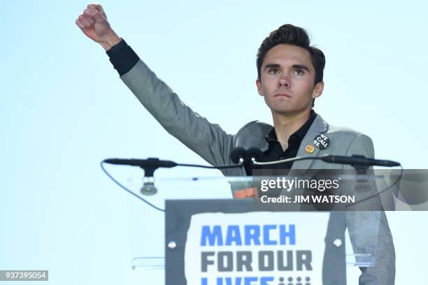 Marjory Stoneman Douglas High School student David Hogg adresses the crowd during the March For Our Lives rally against gun violence in Washington,...