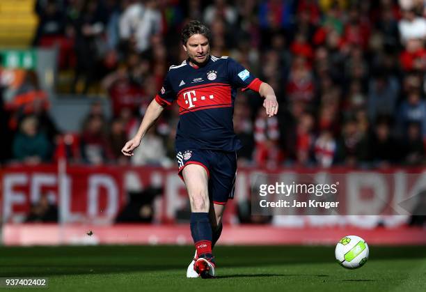 Michael Tarnat of Bayern Munich Legends during the friendly match between Liverpool FC Legends and FC Bayern Legends at Anfield on March 24, 2018 in...