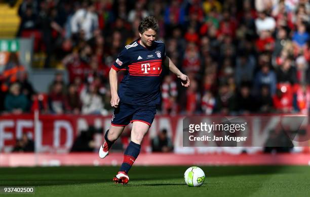 Michael Tarnat of Bayern Munich Legends during the friendly match between Liverpool FC Legends and FC Bayern Legends at Anfield on March 24, 2018 in...