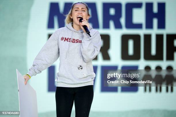 Miley Cyrus performs "The Climb" during the March for Our Lives rally on March 24, 2018 in Washington, DC. Hundreds of thousands of demonstrators,...