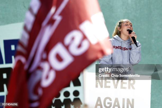 Miley Cyrus performs "The Climb" during the March for Our Lives rally on March 24, 2018 in Washington, DC. Hundreds of thousands of demonstrators,...