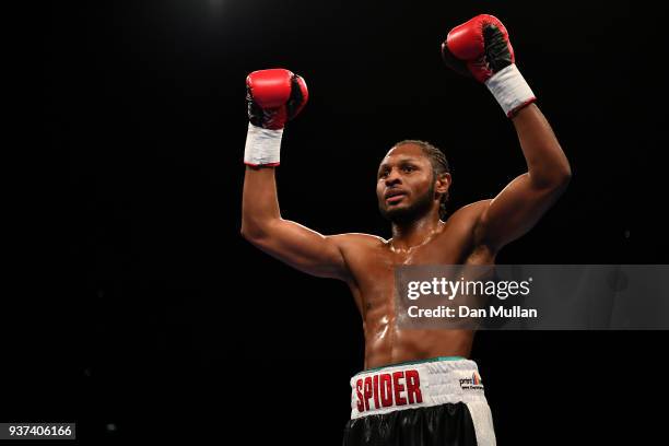 Craig Richards of the United Kingdom celebrates victory voer Ivan Stupalo of Croatia in the Light-Heavyweight contest at The O2 Arena on March 24,...
