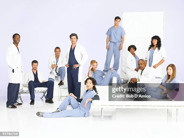 Walt Disney Television via Getty Images's "Grey's Anatomy" stars Isaiah Washington as Preston Burke, Eric Dane as Mark Sloan, Justin Chambers as Alex...