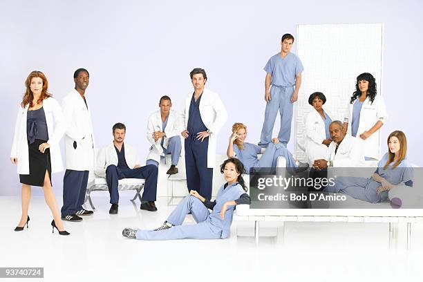 Walt Disney Television via Getty Images's "Grey's Anatomy" stars Kate Walsh as Addison Shepherd, Isaiah Washington as Preston Burke, Eric Dane as...