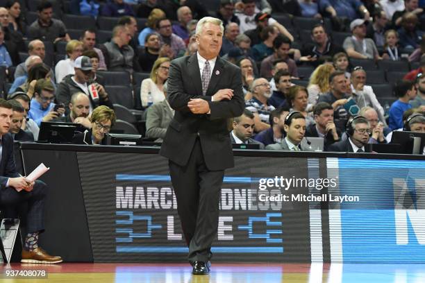 Head coach Bruce Weber of the Kanas State Wildcats looks on during the first round of the 2018 NCAA Men's Basketball Tournament against the Creighton...