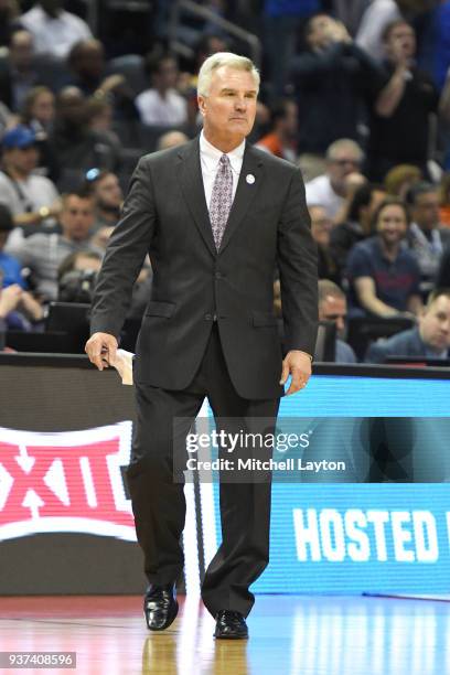 Head coach Bruce Weber of the Kanas State Wildcats looks on during the first round of the 2018 NCAA Men's Basketball Tournament against the Creighton...