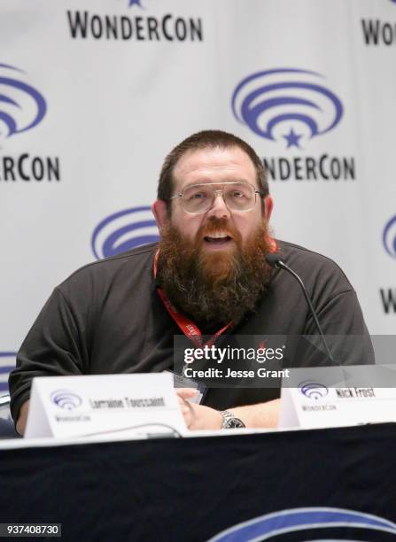 Actor Nick Frost speaks onstage during AMC's 'Into the Badlands' panel during WonderCon at Anaheim Convention Center on March 24, 2018 in Anaheim,...