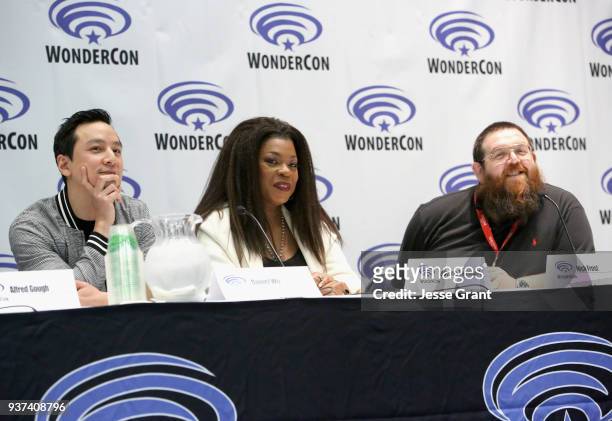 Actor/executive producer Daniel Wu, actors Lorraine Toussaint and Nick Frost speak onstage during AMC's 'Into the Badlands' panel during WonderCon at...
