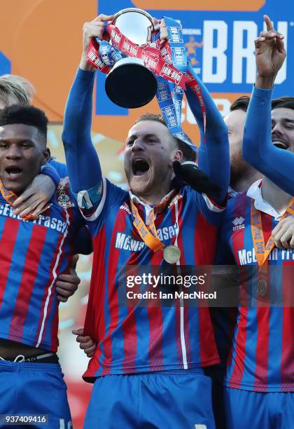 Gary Warren of Inverness Caledonian Thistle lifts the trophy during the IRN-BRU Scottish Challenge Cup Final between Dumbarton FC v Inverness...