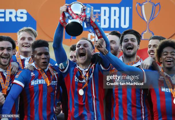 Gary Warren of Inverness Caledonian Thistle lifts the trophy during the IRN-BRU Scottish Challenge Cup Final between Dumbarton FC v Inverness...