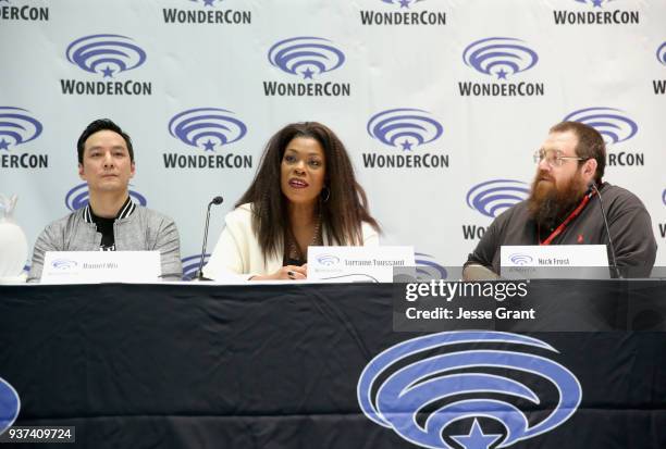 Actor/executive producer Daniel Wu, actors Lorraine Toussaint and Nick Frost speak onstage during AMC's 'Into the Badlands' panel during WonderCon at...