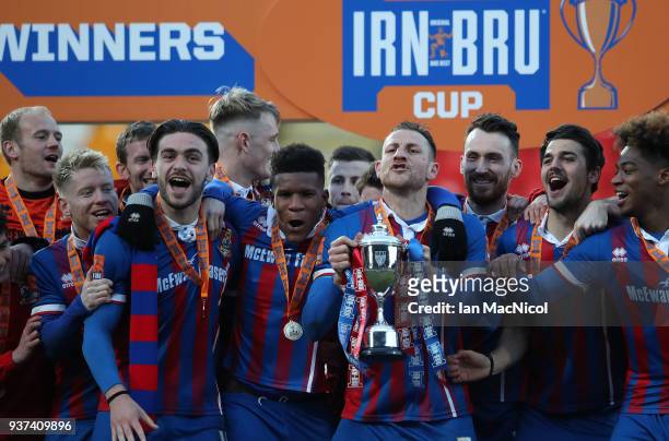 Gary Warren of Inverness Caledonian Thistle lifts the trophy during the IRN-BRU Scottish Challenge Cup Final between Dumbarton FC v Inverness...