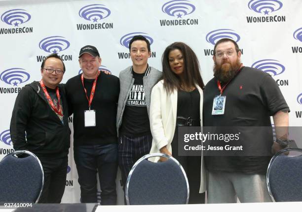 Moderator Jeff Yang, Showrunner Alfred Gough, Actor/executive producer Daniel Wu, actors Lorraine Toussaint and Nick Frost onstage during AMC's 'Into...