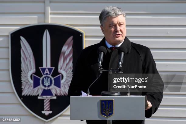 Ukrainian President Petro Poroshenko delivery a speechs during training of special units of the SBU on the proving ground near Kiev, Ukraine on 24...