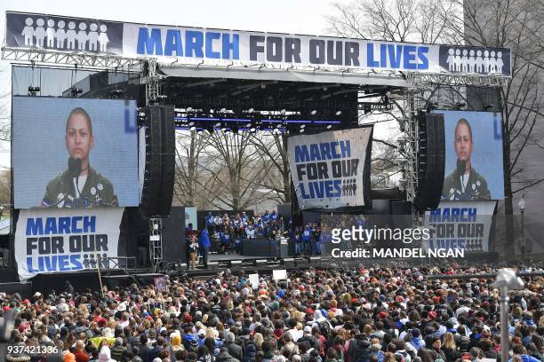 Marjory Stoneman Douglas High School student Emma Gonzalez pauses as she speaks during the March for Our Lives Rally in Washington, DC on March 24,...