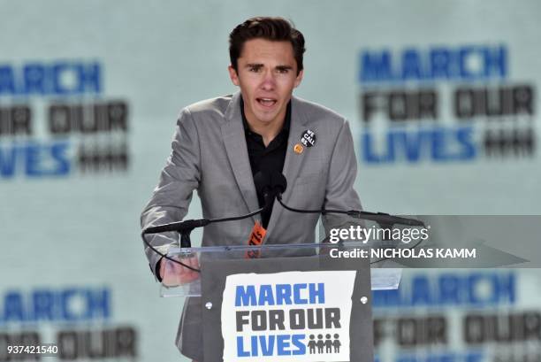 Marjory Stoneman Douglas High School student David Hogg speaks during the March for Our Lives Rally in Washington, DC on March 24, 2018. Galvanized...