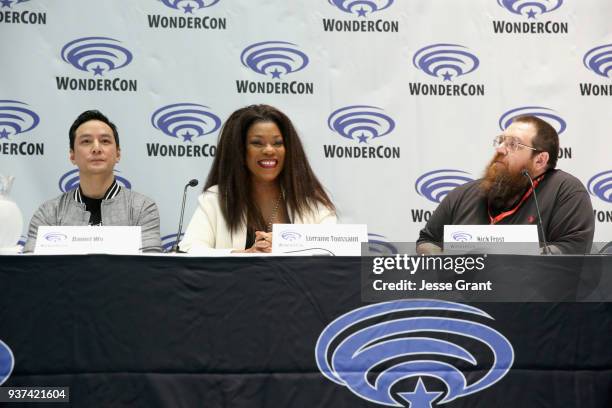 Actor/executive producer Daniel Wu, actors Lorraine Toussaint and Nick Frost speak onstage during AMC's 'Into the Badlands' panel during WonderCon at...