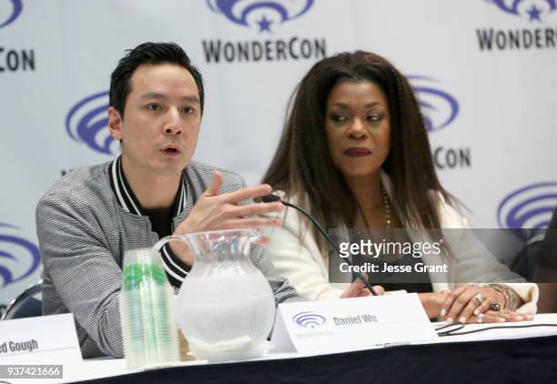 Actor/executive producer Daniel Wu and actor Lorraine Toussaint speak onstage during AMC's 'Into the Badlands' panel during WonderCon at Anaheim...