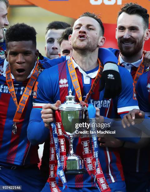 Gary Warren of Inverness Caledonian Thistle lifts the trophy during the IRN-BRU Scottish Challenge Cup Final between Dumbarton FC v Inverness...