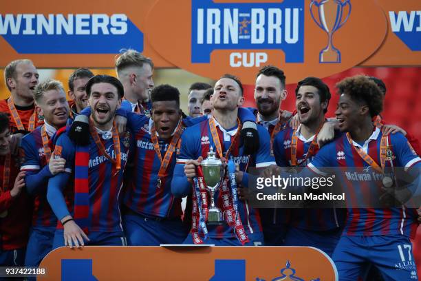 Gary Warren of Inverness Caledonian Thistle lifts the trophy during the IRN-BRU Scottish Challenge Cup Final between Dumbarton FC v Inverness...