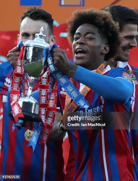 Collin Seedorf of Inverness Caledonian Thistle lifts the trophy during the IRN-BRU Scottish Challenge Cup Final between Dumbarton FC v Inverness...