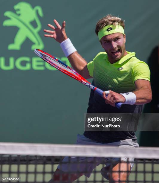Liam Broady, from Great Britain, in action against Flip Krajinovic, from Serbia. Krajinovit defeated Broady 6-3, 6-2 in Miami, on March 23, 2018.