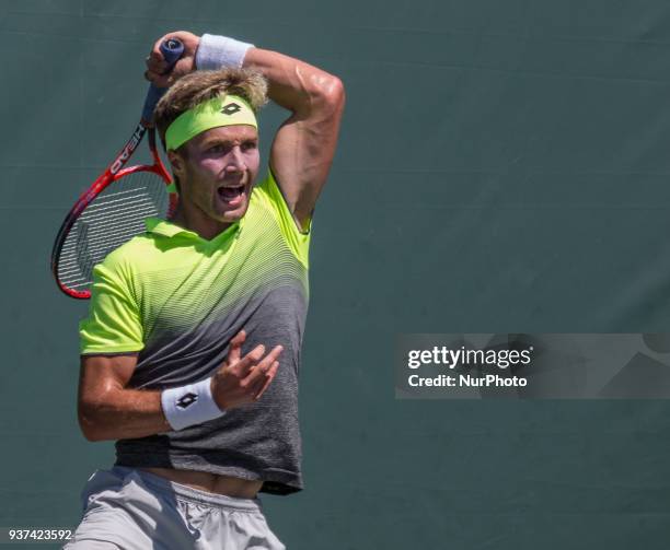 Liam Broady, from Great Britain, in action against Flip Krajinovic, from Serbia. Krajinovit defeated Broady 6-3, 6-2 in Miami, on March 23, 2018.