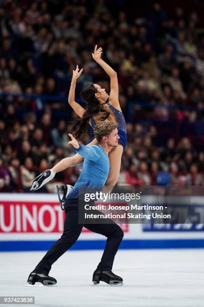 Madison Chock and Evan Bates of the United States compete in the Ice Dance Free Dance during day four of the World Figure Skating Championships at...