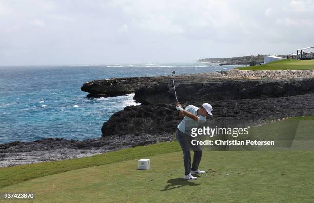 Keith Mitchell plays his shot from the ninth tee during round three of the Corales Puntacana Resort & Club Championship on March 24, 2018 in Punta...