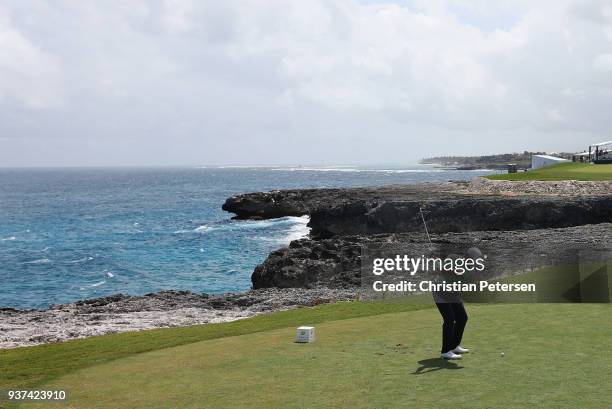 Brice Garnett plays his shot from the ninth tee during round three of the Corales Puntacana Resort & Club Championship on March 24, 2018 in Punta...