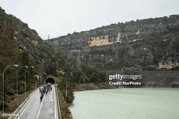 The peloton during the 98th Volta Ciclista a Catalunya 2018 / Stage 6 Vielha Val d'Aran - Torrefarrera of 194,2km during the Tour of Catalunya, March...