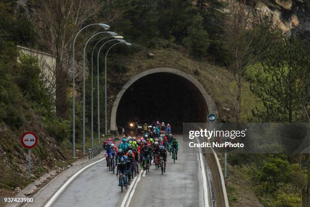 The peloton during the 98th Volta Ciclista a Catalunya 2018 / Stage 6 Vielha Val d'Aran - Torrefarrera of 194,2km during the Tour of Catalunya, March...